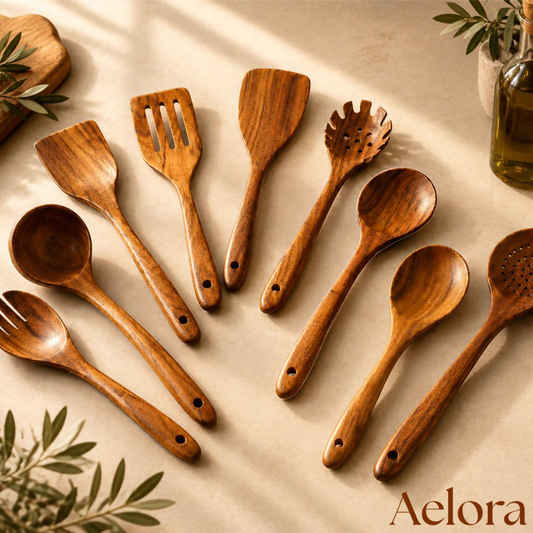 9-teiliges Teak-Holz Küchenutensilien-Set